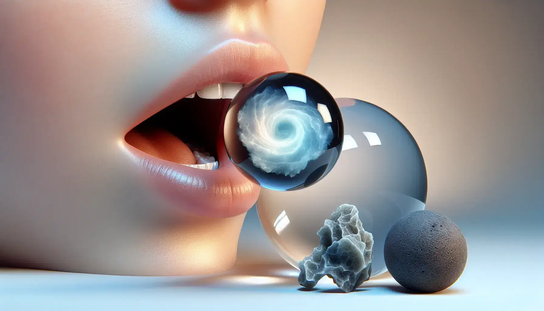 Close-up view of a human mouth slightly open with teeth visible, a glass marble with blue swirls, and a matte black volcanic rock against a soft gradient background.