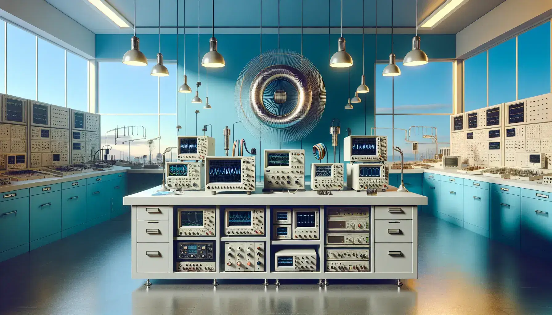 Laboratorio scientifico moderno con strumentazione elettronica, tavolo di lavoro con oscilloscopi, modello tridimensionale di spirale metallica e cielo azzurro visibile da finestra.