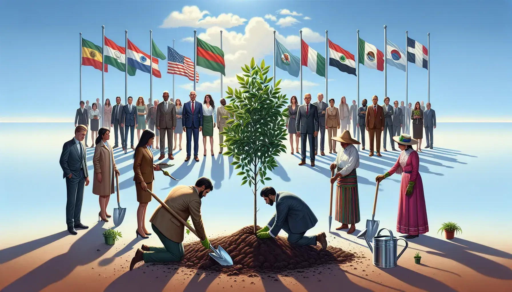 Diverse group planting a tree sapling, with individuals in various attire surrounding it, under a clear blue sky with solid color flags and a silver watering can nearby.