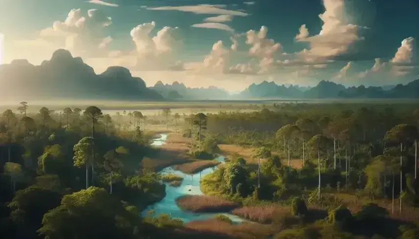 Paisaje natural con árboles frondosos, río serpenteante de aguas cristalinas, montañas nevadas al fondo y campo cultivado bajo cielo azul con nubes.