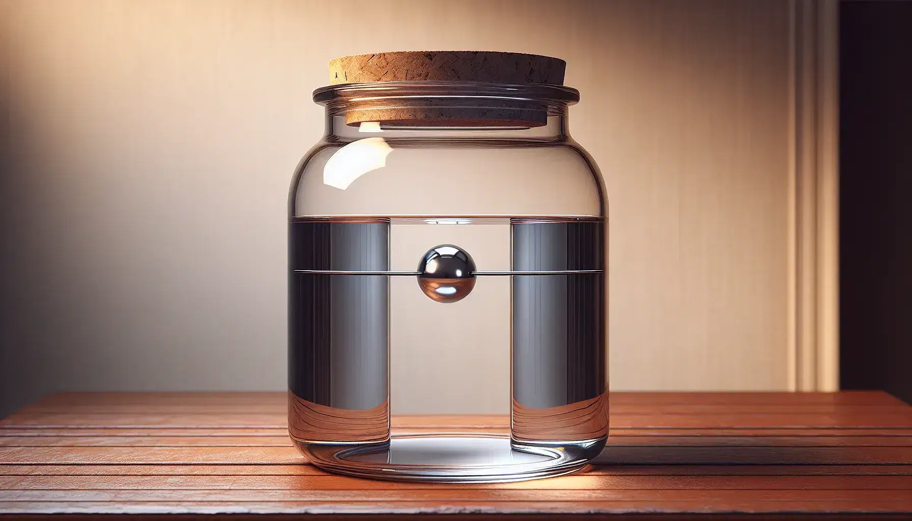 Clear glass jar on a wooden table with two parallel metallic foil sheets inside, held by plastic rods, and a floating metallic ball centered between them.