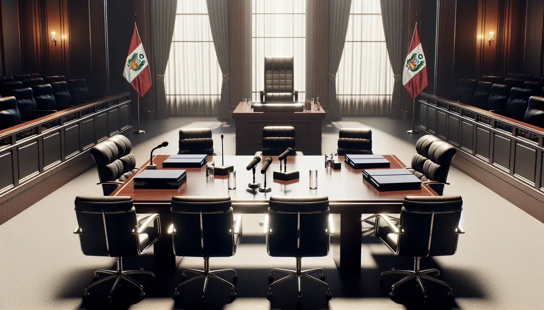 Sala de audiencias con mesa central rodeada de sillas negras, estrado del juez y ventana con cortinas blancas, bandera de Perú a la derecha y podio con micrófono al frente.