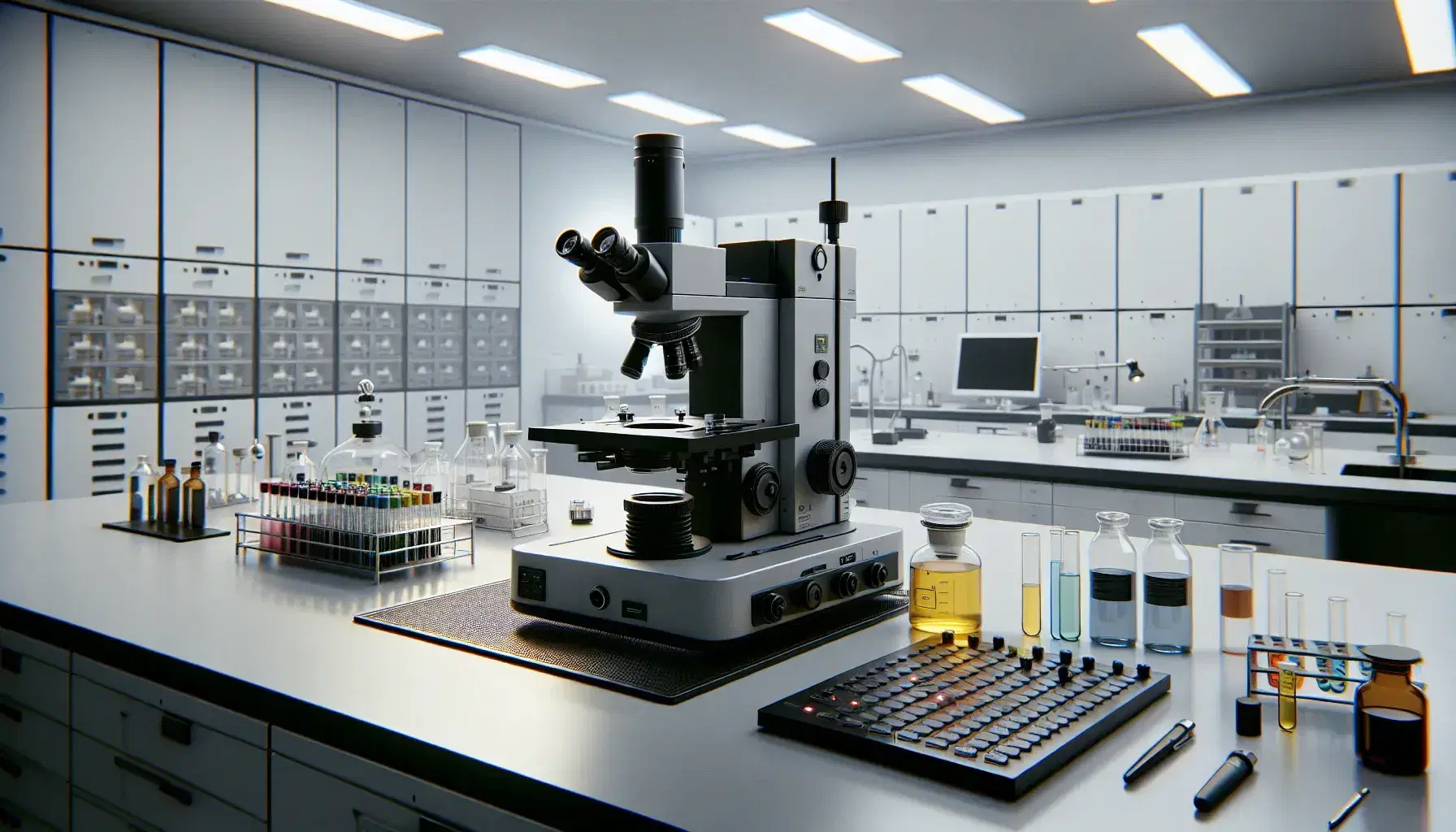 Laboratorio scientifico con microscopio elettronico su tavolo, provette con tappi colorati e bottiglie con liquidi variopinti.