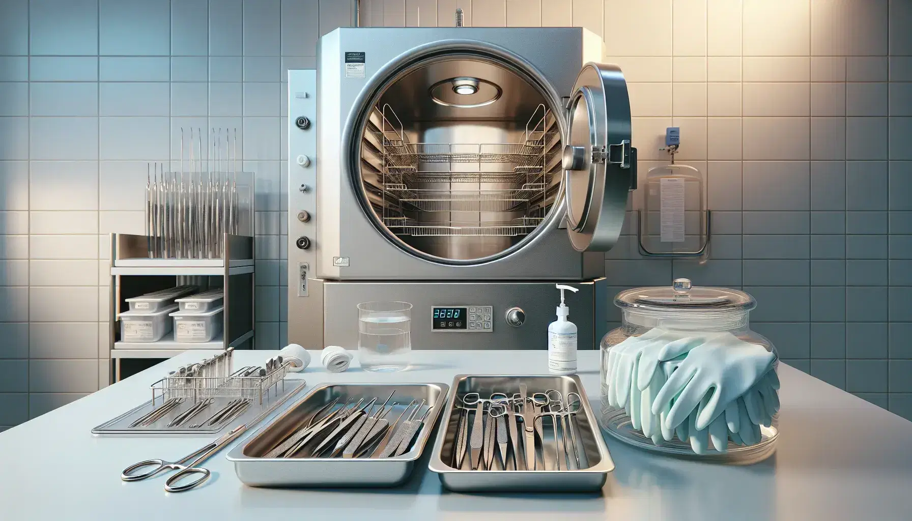 Primer plano de un laboratorio de microbiología con autoclave abierto, bandejas metálicas con instrumentos quirúrgicos y frasco de desinfectante.