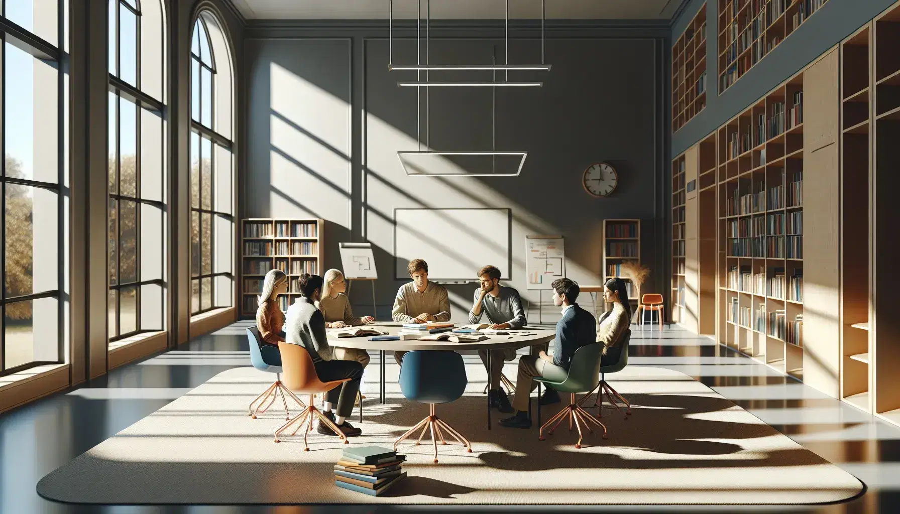 Aula espaciosa con luz natural, mesa redonda con cinco personas concentradas en papeles y libros, pizarra al fondo y estantes con libros, sillas ergonómicas de colores y planta verde.