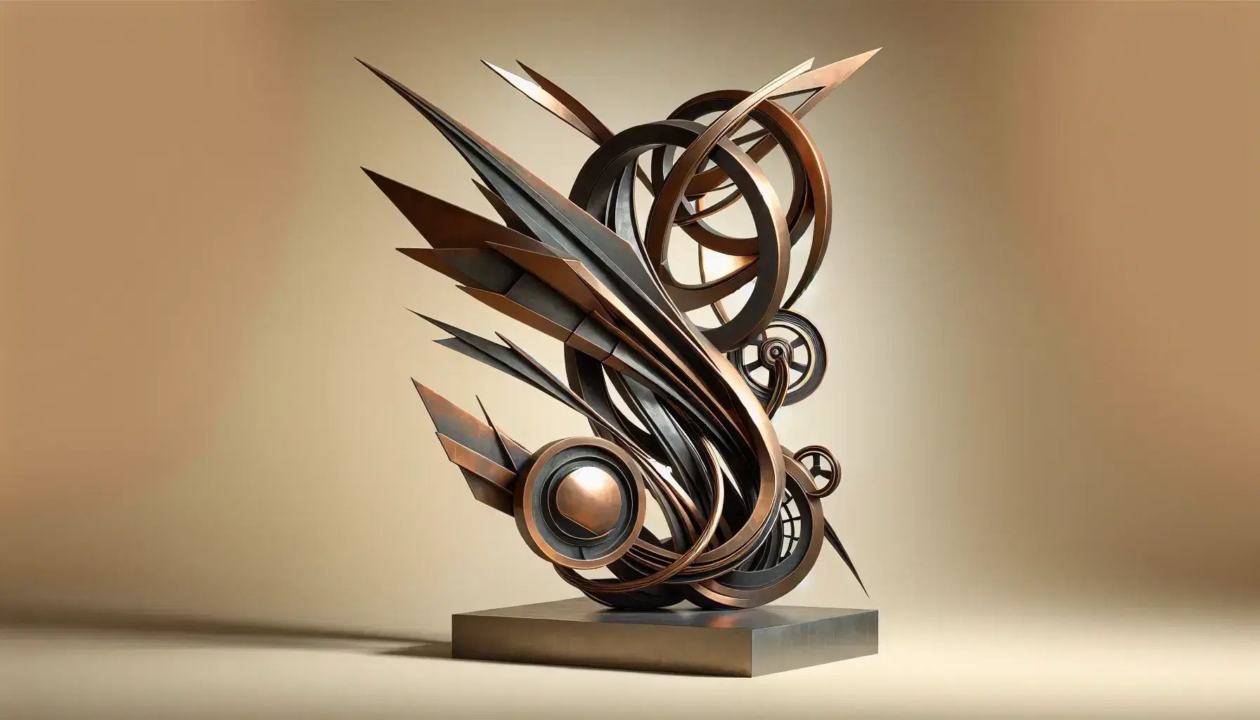Scultura futurista in bronzo con linee dinamiche e forme geometriche che evocano movimento e velocità, su sfondo neutro.