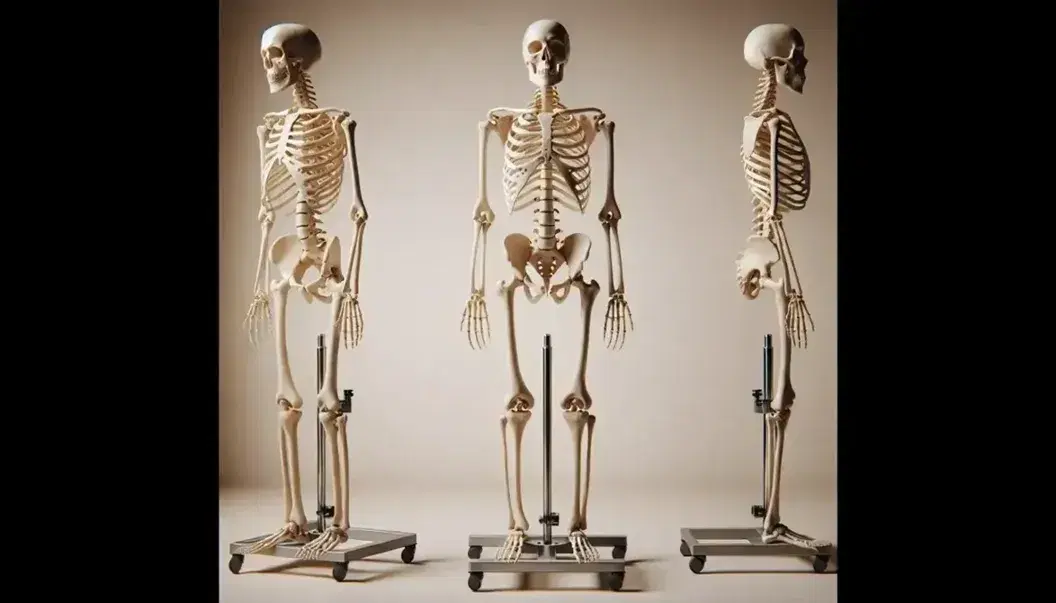 Esqueleto humano completo montado en soporte metálico con ruedas, mostrando todas las articulaciones y huesos en posición frontal sobre fondo claro.
