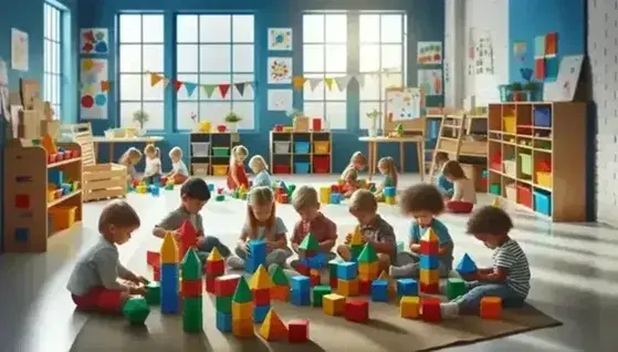 Niños pequeños concentrados jugando con bloques geométricos de colores en un aula luminosa, rodeados de estantes con materiales y decoración educativa.