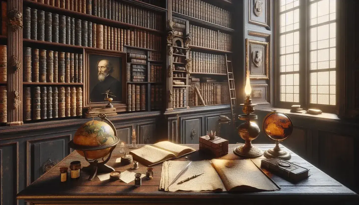 Studio di filosofo antico con scrivania in legno, lampada ad olio, libri, globo e ritratto olio su tela, finestra su giardino.