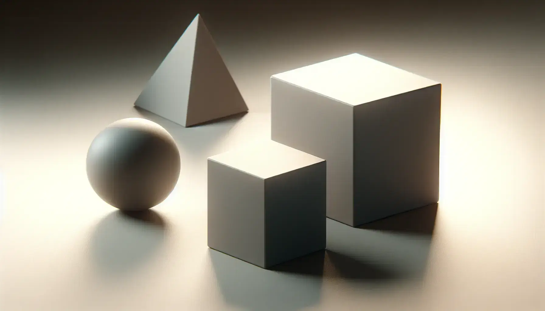 Tres figuras geométricas sólidas sobre superficie lisa, un cubo en primer plano, esfera mate al centro y tetraedro al fondo con sombras suaves.