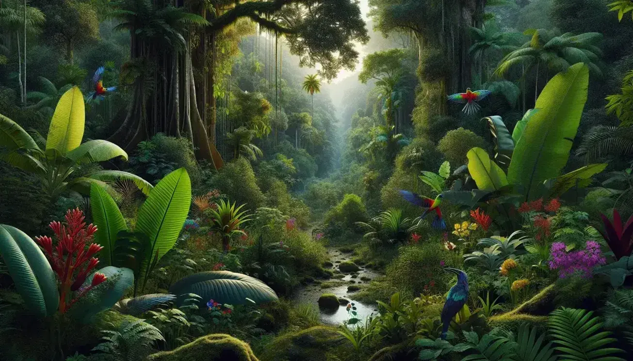 Selva tropical exuberante con variedad de plantas verdes, flores coloridas, un ave multicolor en una rama y un arroyo reflejando la luz solar.