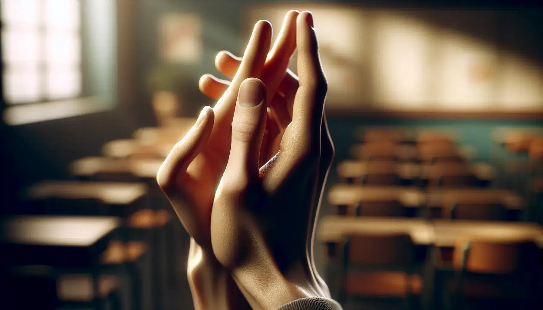 Two hands with interlaced fingers poised as if to clap, set against a blurred classroom backdrop with soft lighting and warm tones.
