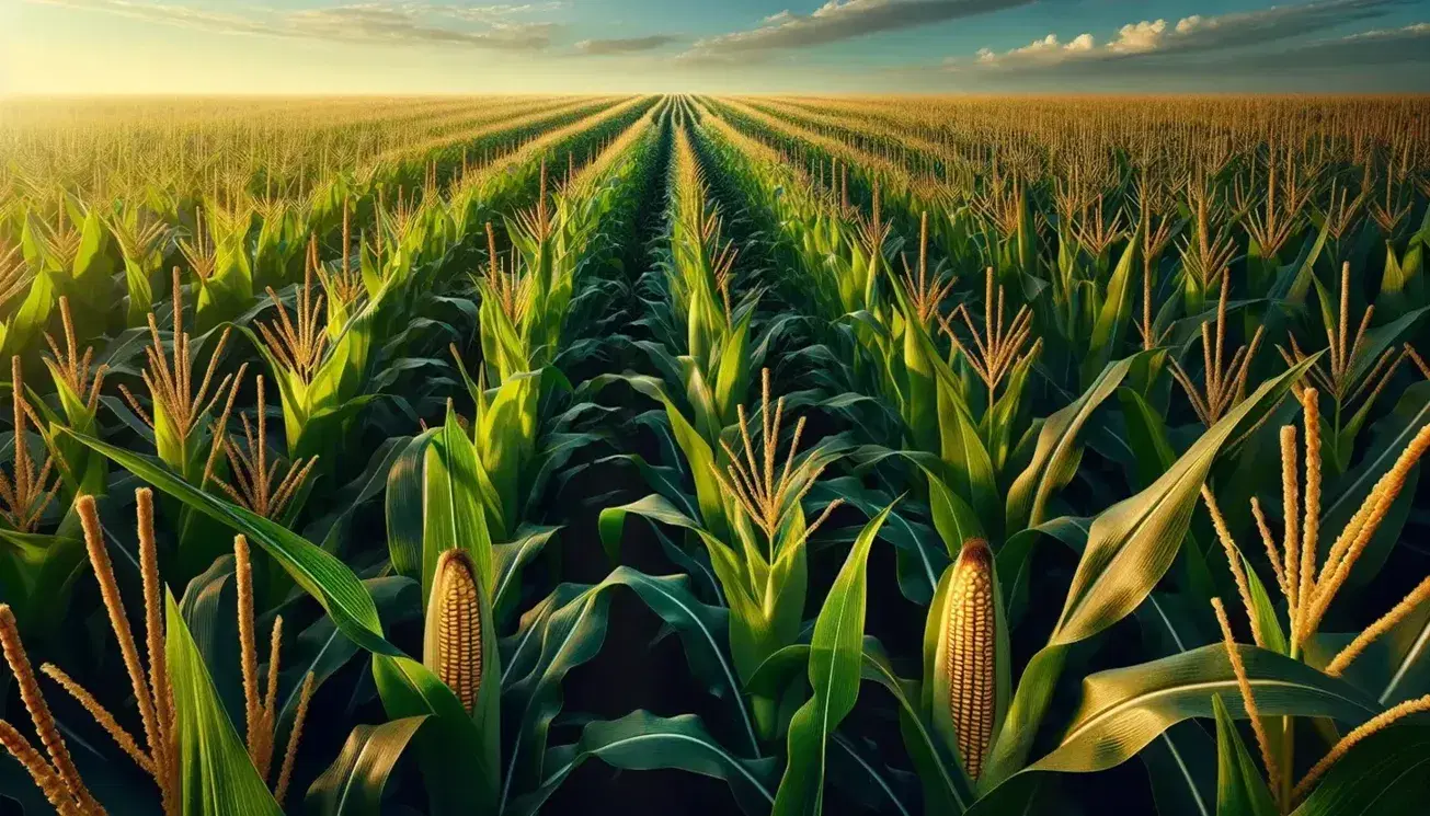 Campo de maíz con hileras de plantas verdes y mazorcas amarillas bajo un cielo azul con nubes dispersas, reflejando tranquilidad y abundancia.