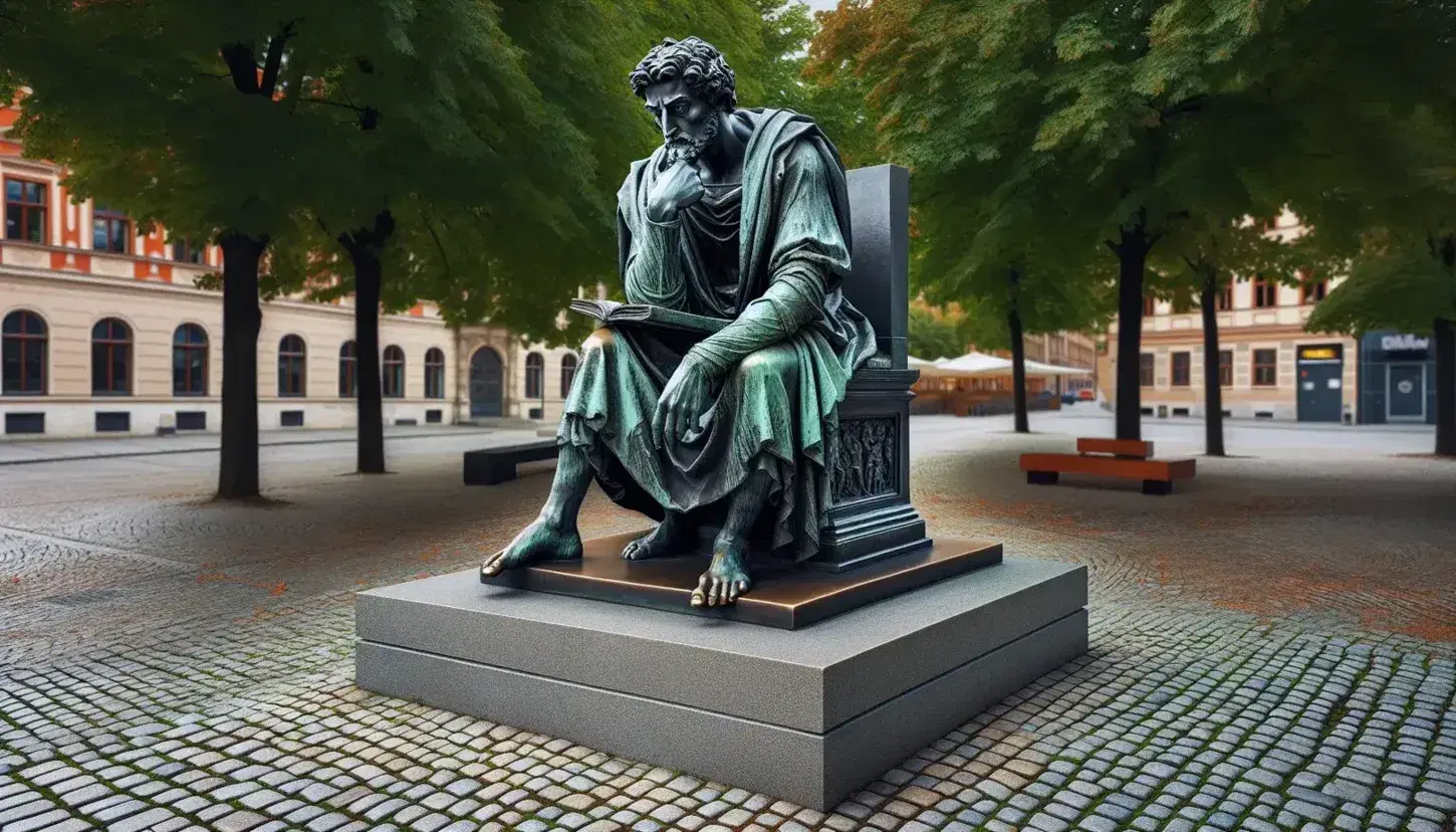 Estatua de bronce de figura filosófica sentada en pose reflexiva con libro, en plaza pública con suelo adoquinado y árboles alrededor.