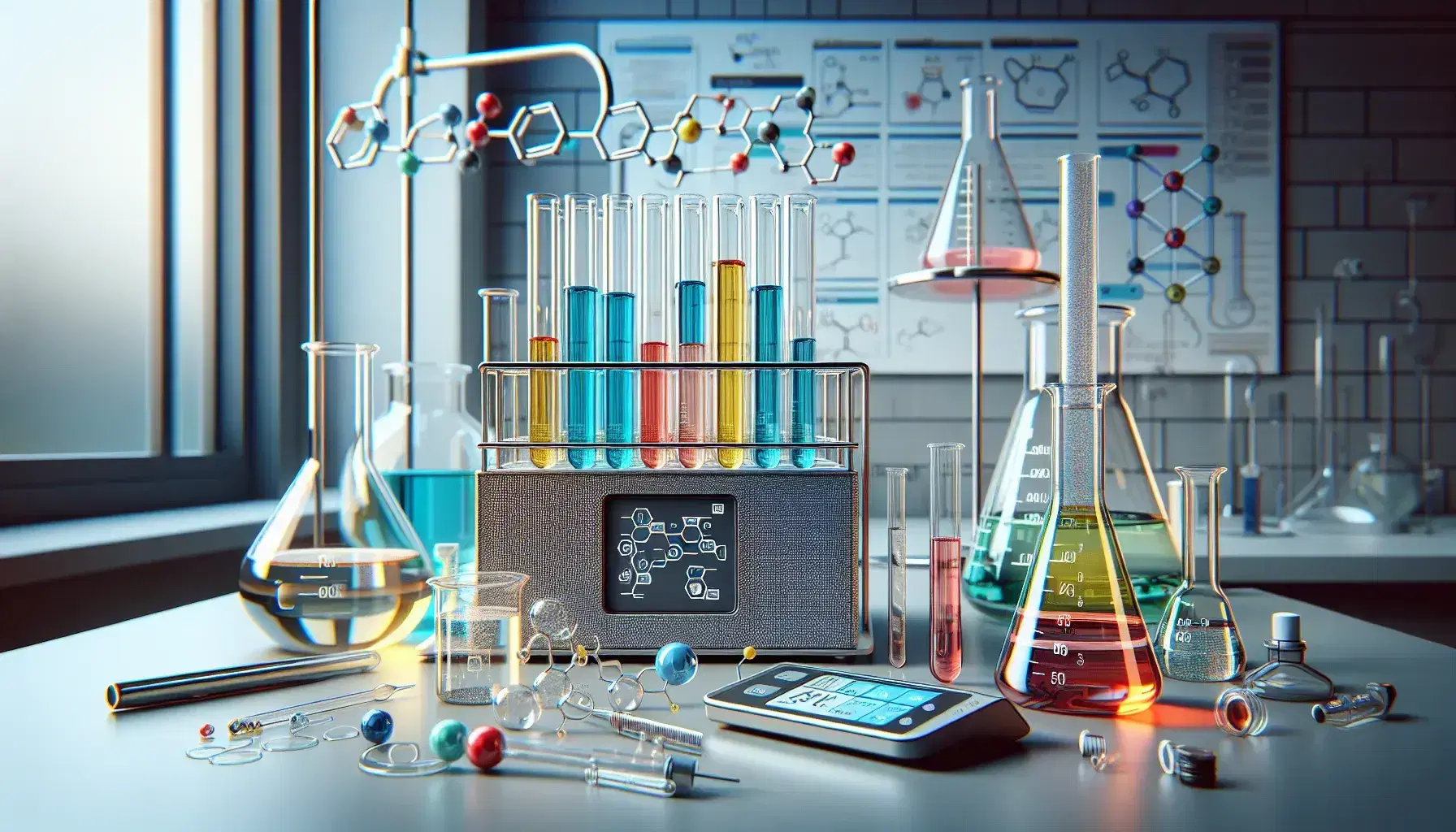 Mesa de laboratorio con tubos de ensayo con líquidos de colores, matraz Erlenmeyer, balanza digital y frascos de reactivos.