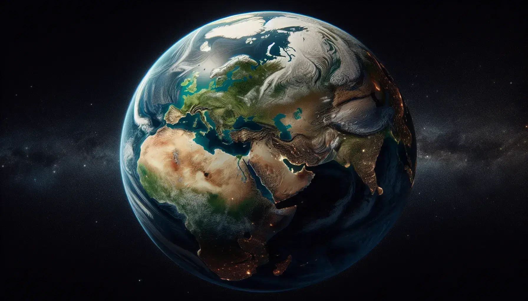 Globo terrestre dettagliato con emisfero illuminato, continenti verdi e marroni, oceani blu, su sfondo stellato nero.