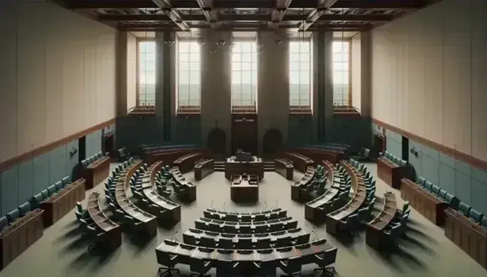 Aula vuota del parlamento con scrivanie semicircolari, sedili blu, podio centrale e finestre ampie che illuminano l'interno.