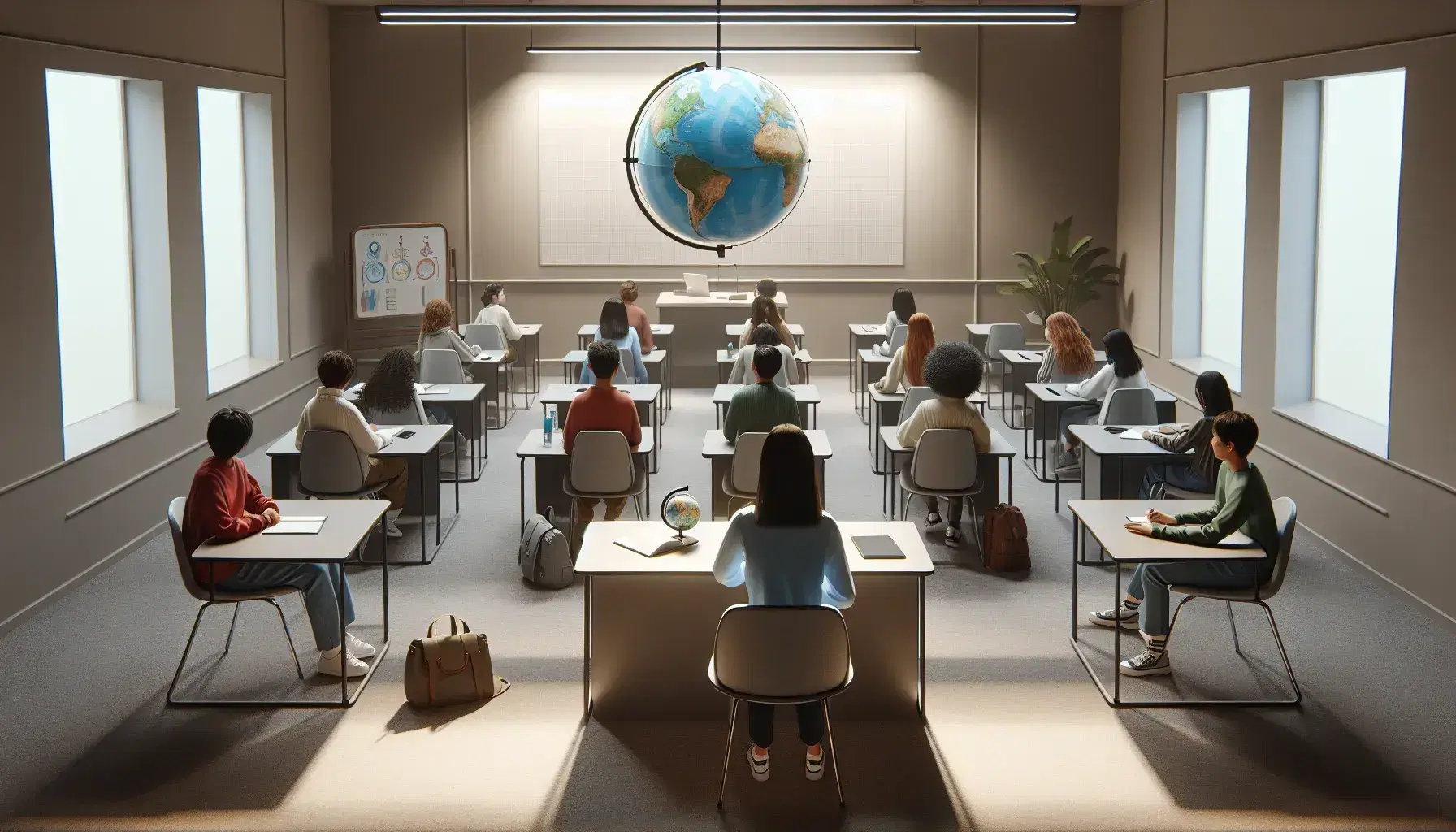 Diverse students in a modern classroom with desks, notebooks, tablets, a globe, and a whiteboard, under soft lighting, ready for a lesson.