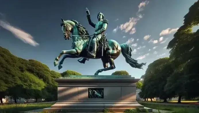 Estatua ecuestre de bronce de un militar del siglo XIX a caballo en posición elevada, rodeada de vegetación verde en un día soleado con cielo azul.