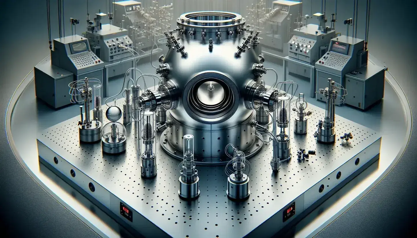 Quantum physics laboratory with cylindrical vacuum chamber, optical components on table and black laser, computer turned off in background.