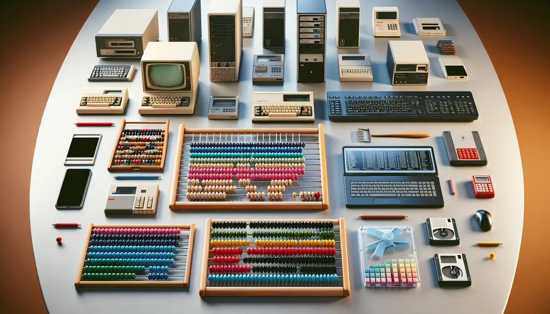 Colección de dispositivos de cómputo y almacenamiento que muestra la evolución tecnológica, desde un ábaco y regla de cálculo hasta ordenadores y dispositivos de almacenamiento modernos.