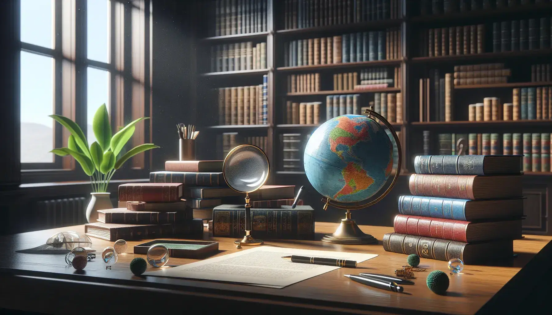 Biblioteca con estanterías de madera oscura llenas de libros, mesa con libros apilados, lupa sobre papel y globo terráqueo con soporte dorado.