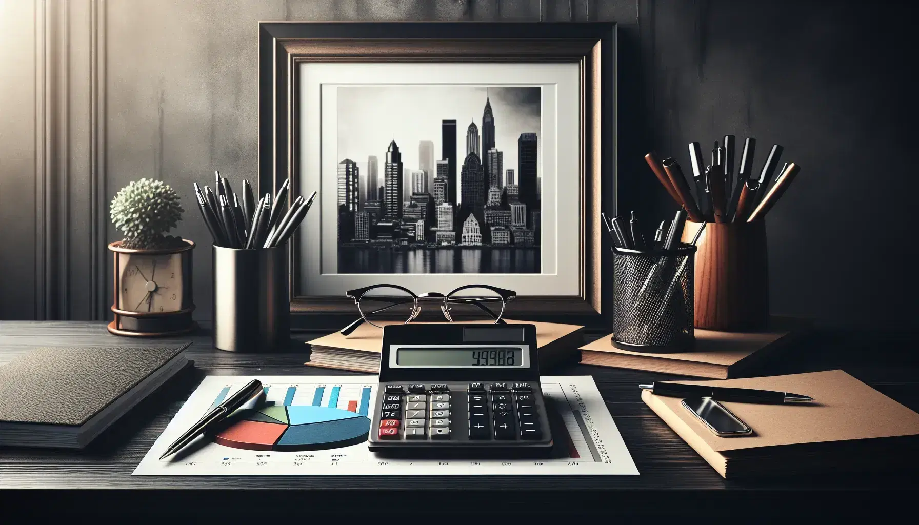 Escritorio de madera oscura con calculadora, gráfico de sectores, bolígrafos y papeles, gafas y marco de foto con paisaje urbano, planta de interior al fondo.