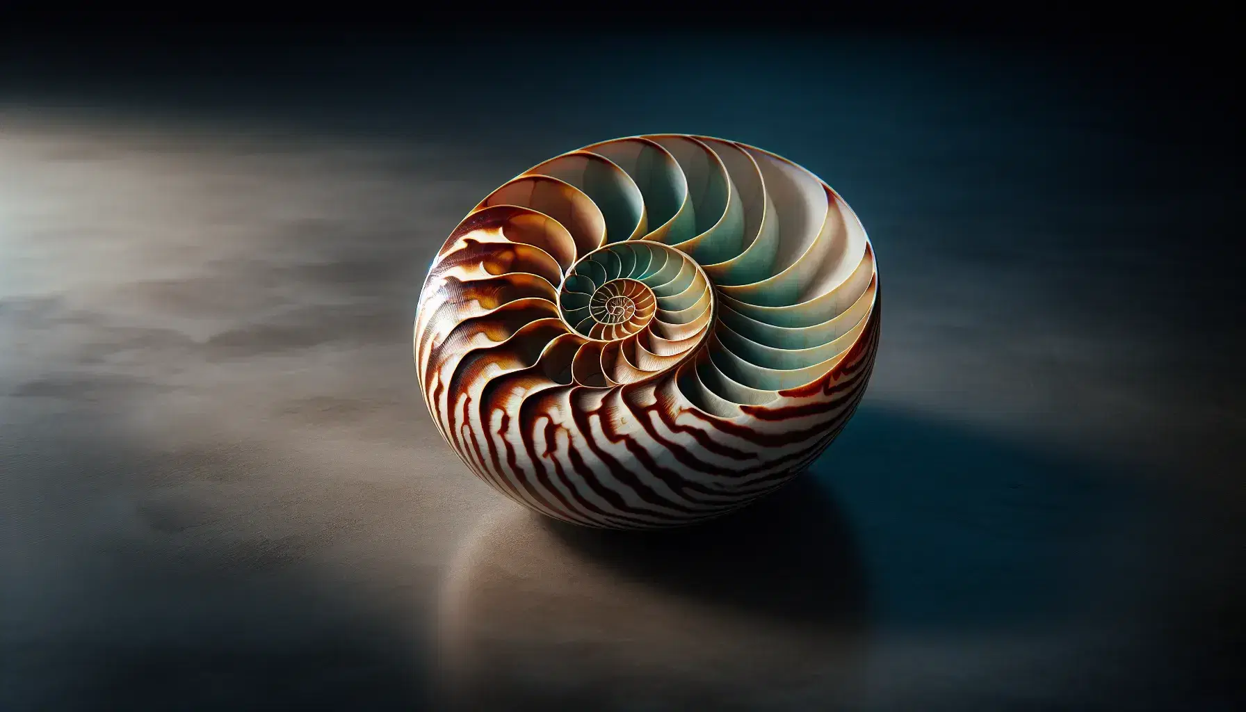 Sectioned nautilus shell on matte surface, showing logarithmic spiral internal chambers with white to brown color gradient.