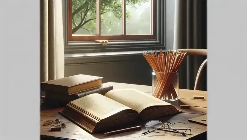 Serene study room with a wooden desk, open book, glass jar of pencils, eyeglasses, and a window overlooking a lush tree, adjacent to a book-filled shelf.