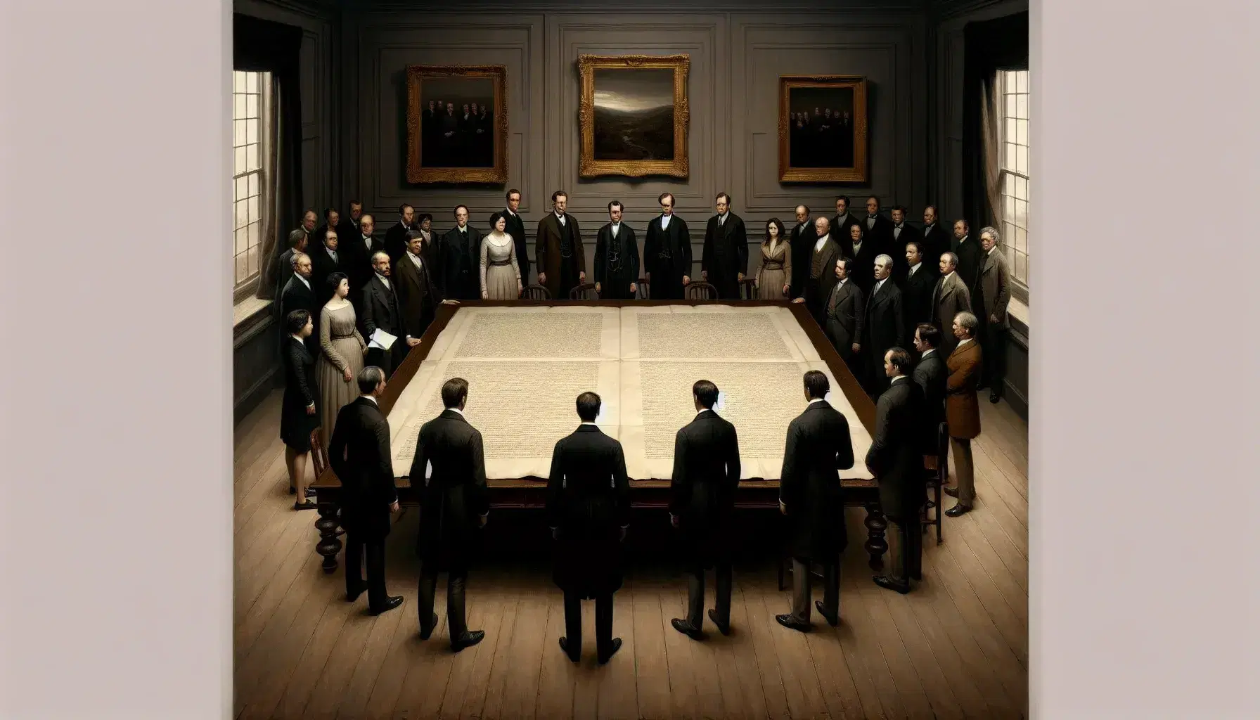 Grupo de profesionales en atuendo formal reunidos alrededor de una mesa con un documento antiguo en el centro, en una sala iluminada con cuadros en la pared.