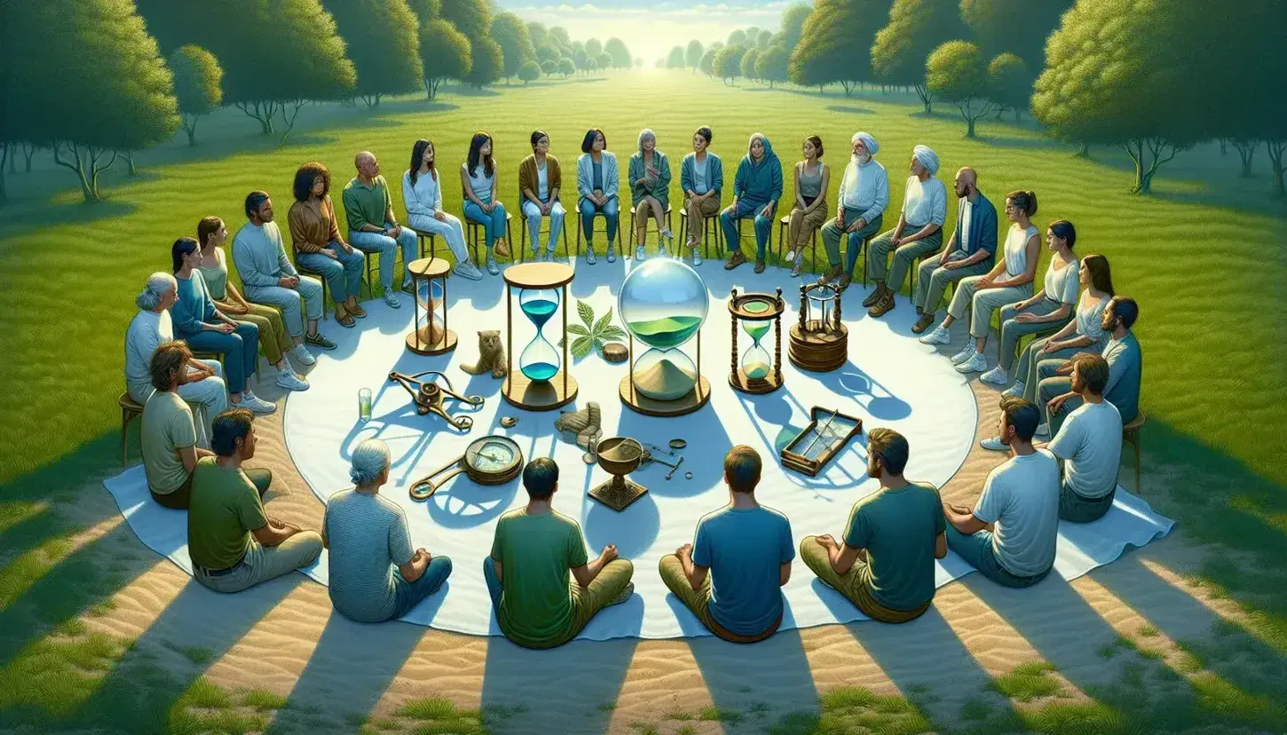 Grupo diverso de personas reflexionando en círculo al aire libre con objetos simbólicos como esfera de cristal, reloj de arena y brújula.