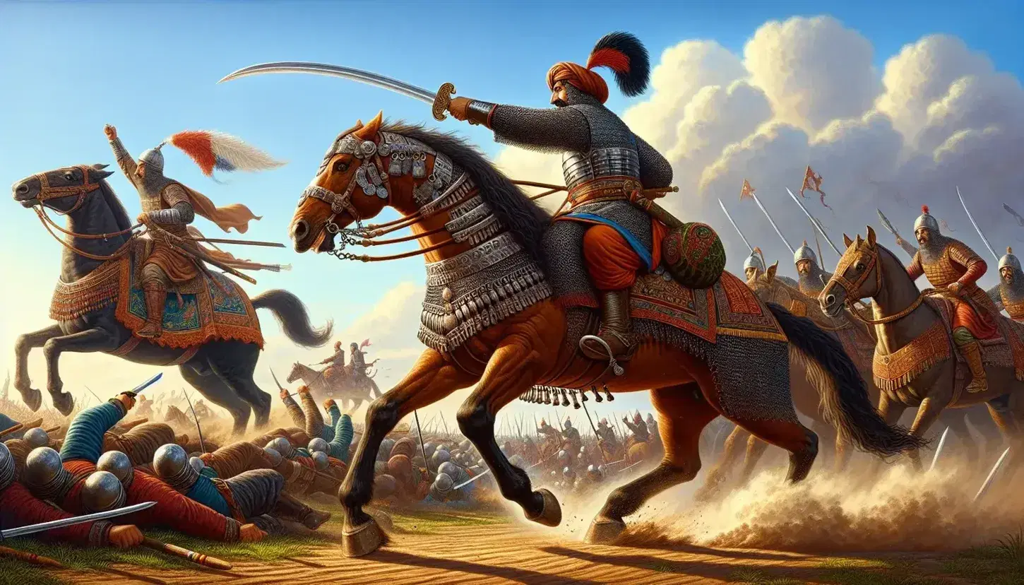 Two warriors clash at the Battle of Khanwa, one on a braided-maned horse with a curved sword, the other with a spear and feathered helmet, amidst a dusty, chaotic battlefield.