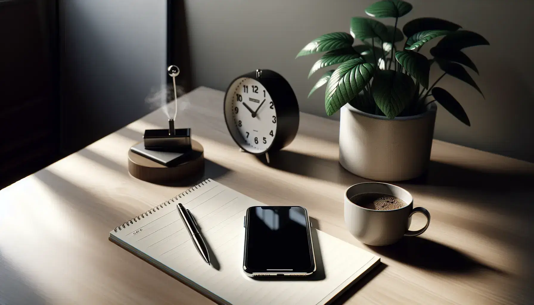 Escritorio de oficina de madera clara con bloc de notas y bolígrafo, smartphone, taza de café humeante, planta verde en maceta blanca y reloj analógico, iluminado por luz natural.