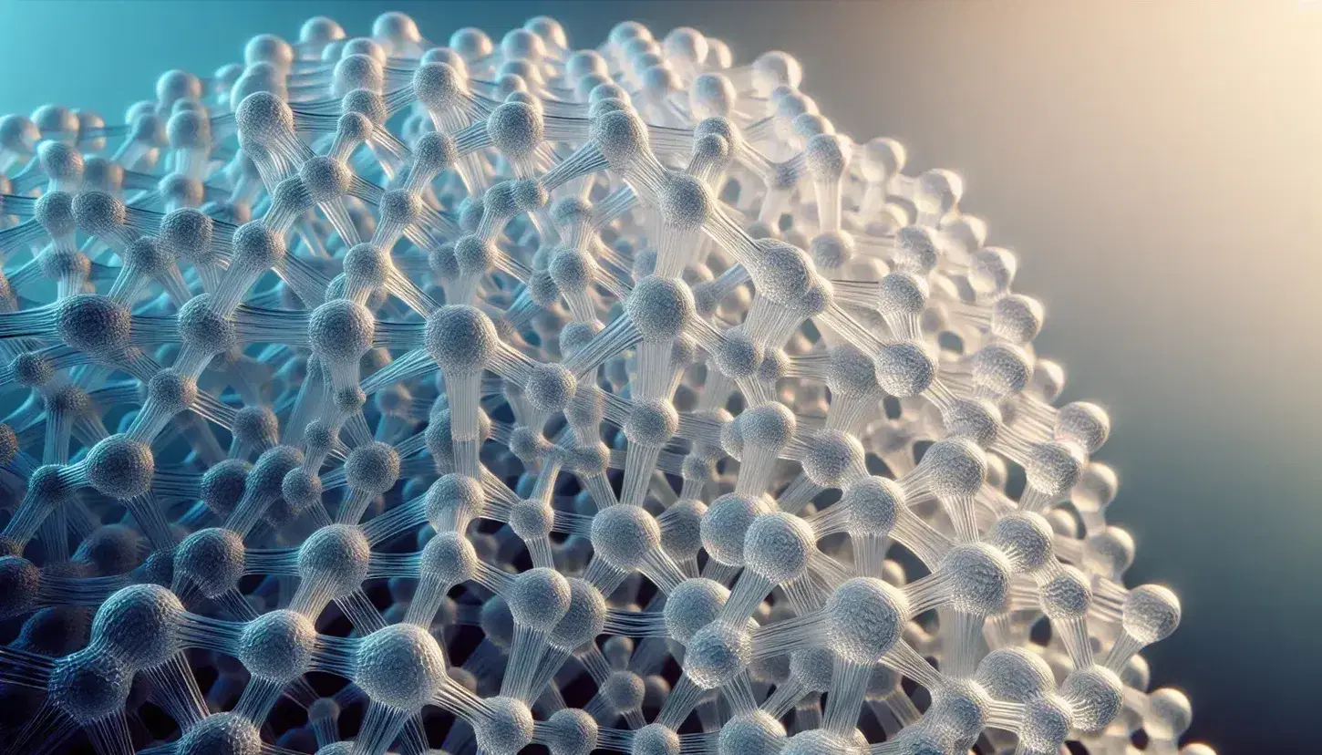 Transparent polymer fibers woven into a three-dimensional textile structure with a pale blue to white gradient background.
