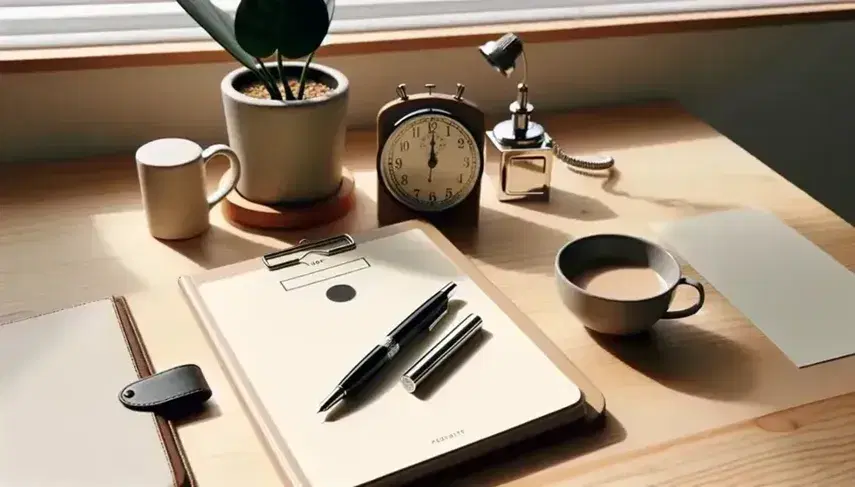 Scrivania in legno chiaro con cartella aperta, penna stilografica nera, orologio analogico, pianta verde e tazza di bevanda calda.