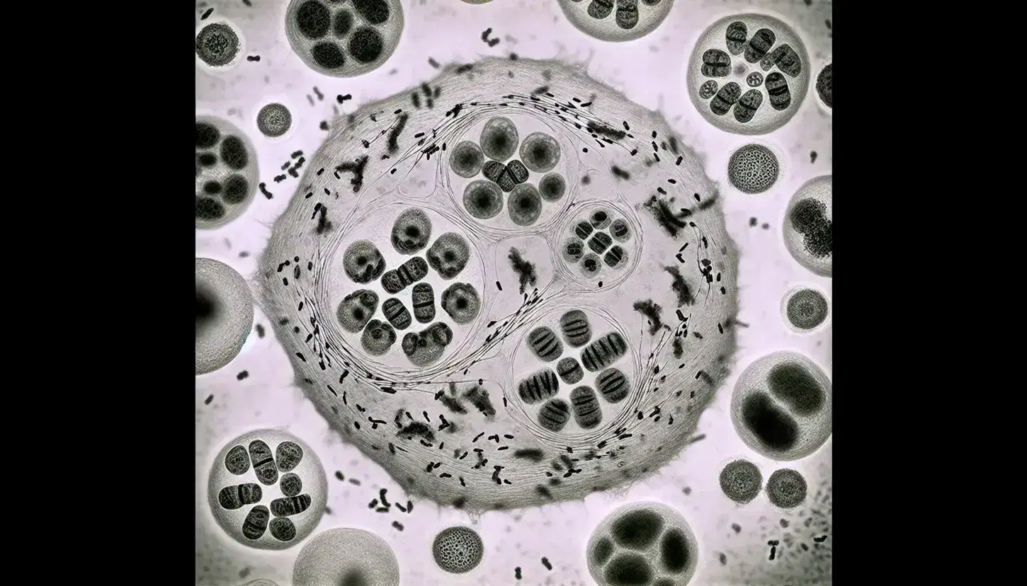 Células en distintas fases de mitosis bajo microscopio, con cromosomas alineados en metafase y separándose en anafase, en fondo claro.