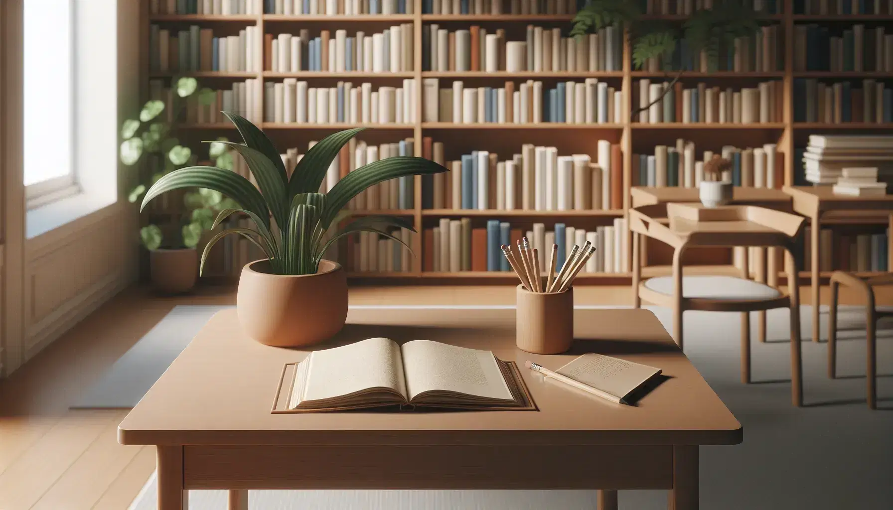 Mesa de madera en biblioteca con libro abierto sin texto, lápiz afilado y planta de hojas verdes en maceta terracota, estantes con libros al fondo.