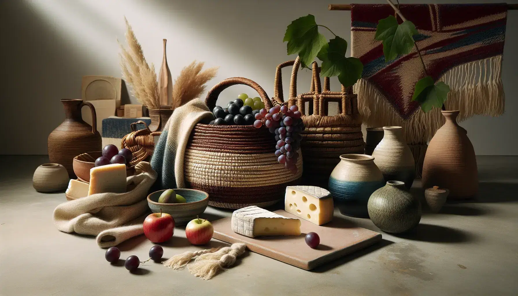 Productos artesanales y alimentos en composición equilibrada, con cesta tejida, cerámica vidriada, uvas, manzana roja, queso y textil geométrico, bajo luz natural.