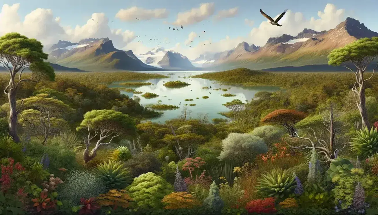 Paisaje natural con vegetación verde, flores coloridas, lago tranquilo, montañas nevadas al fondo y un ave volando en un cielo azul con nubes dispersas.