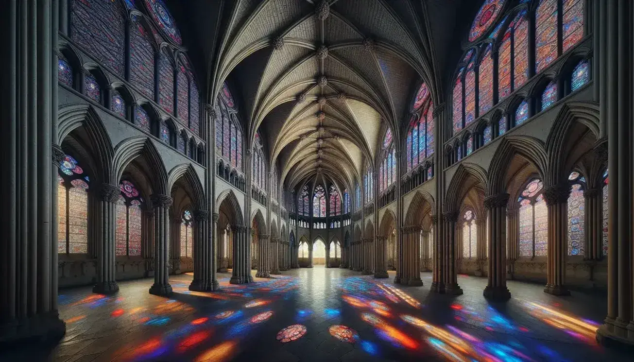 Interno di cattedrale gotica con navata centrale, archi a sesto acuto, colonne slanciate e vetrate colorate che proiettano luci sul pavimento.