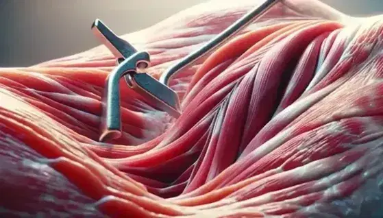 Biopsia di muscolo scheletrico umano con striature trasversali evidenti, tenuto da pinza chirurgica in acciaio, su sfondo sfocato.