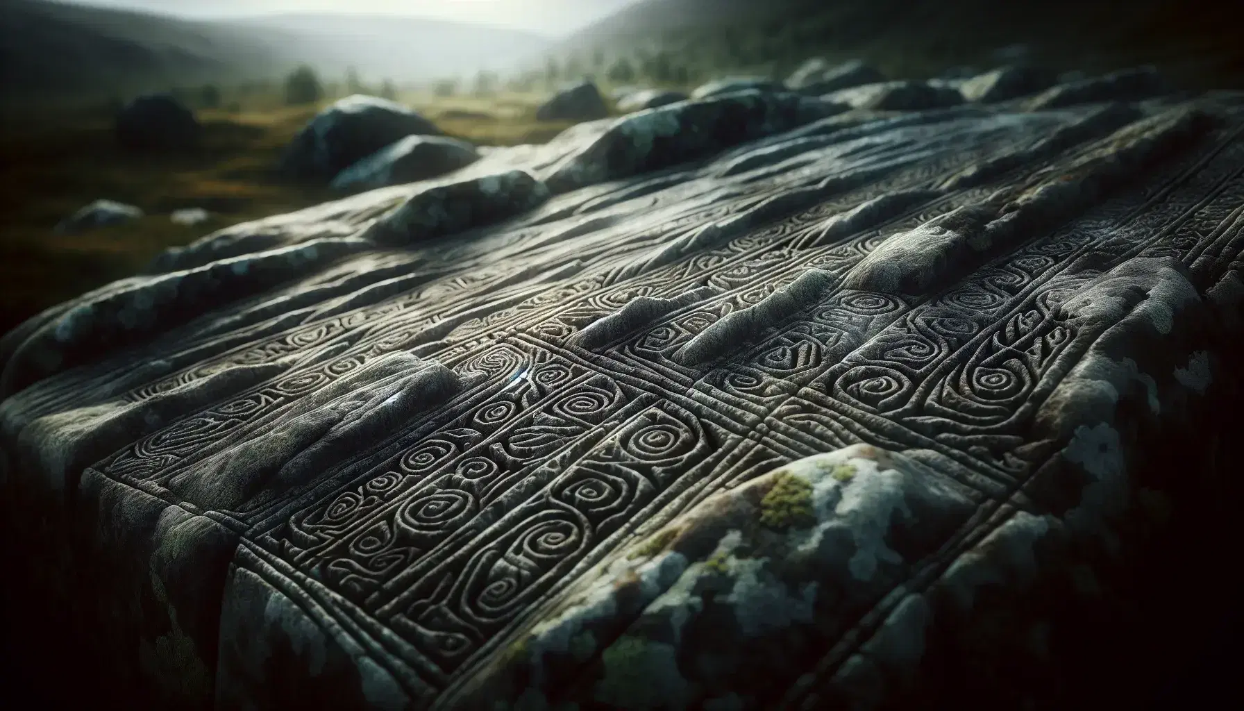 Intricately carved weathered stone with detailed grooves, mossy patches, and a soft-lit Nordic forest backdrop, highlighting texture and craftsmanship.