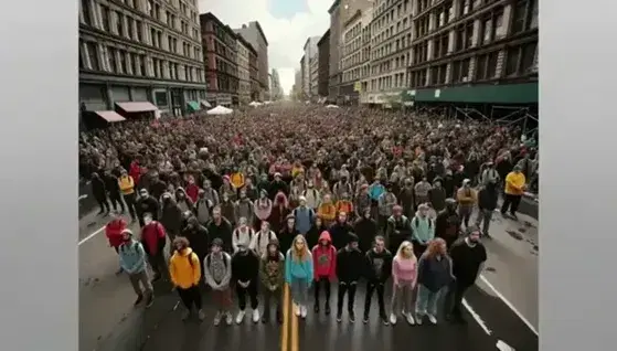 Folla unita in protesta pacifica su strada cittadina, vestiti variopinti, atteggiamento solidale, edifici urbani sullo sfondo, cielo sereno.