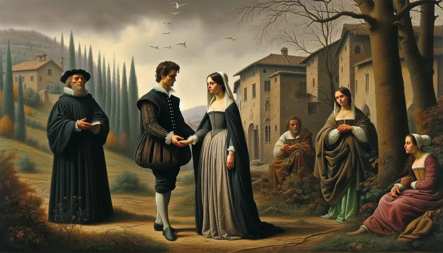 Giovane coppia in abiti del XVII secolo mano nella mano con espressioni intense, anziano in abito scuro osserva, sfondo paesaggio lombardo.