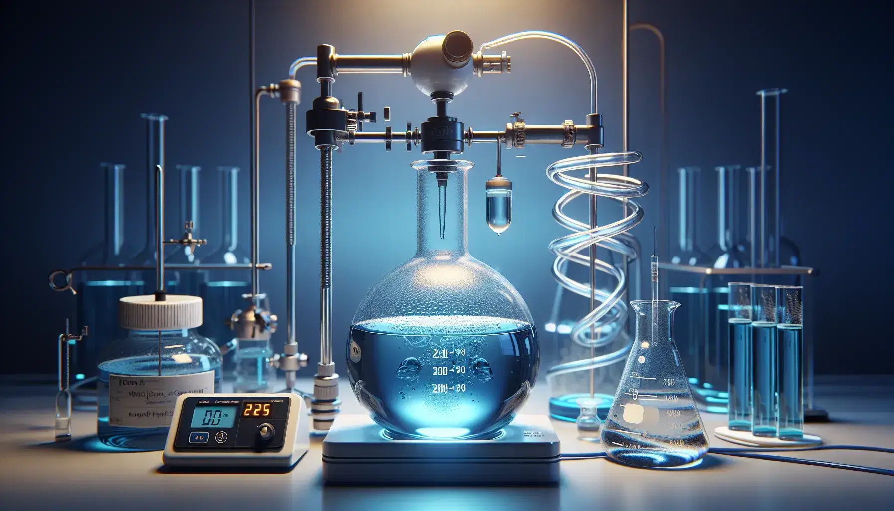 Laboratory with round bottom flask containing blue liquid, heated by Bunsen burner, connected to reflux condenser.