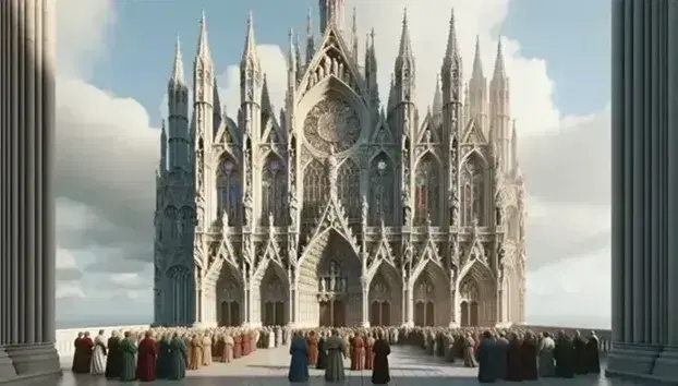 Catedral gótica con arcos apuntados y vitrales, flanqueada por torres esbeltas y adornada con esculturas, bajo un cielo azul claro con figuras en primer plano.