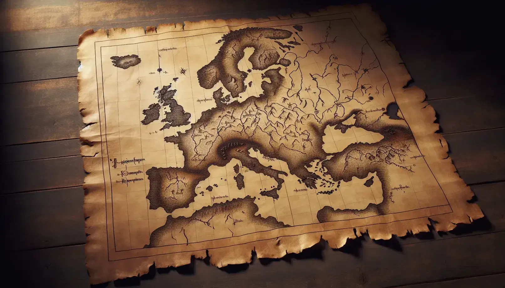 Mappa medievale stilizzata dell'Europa su pergamena ingiallita con rilievi montuosi e fiumi, posata su superficie in legno scuro.