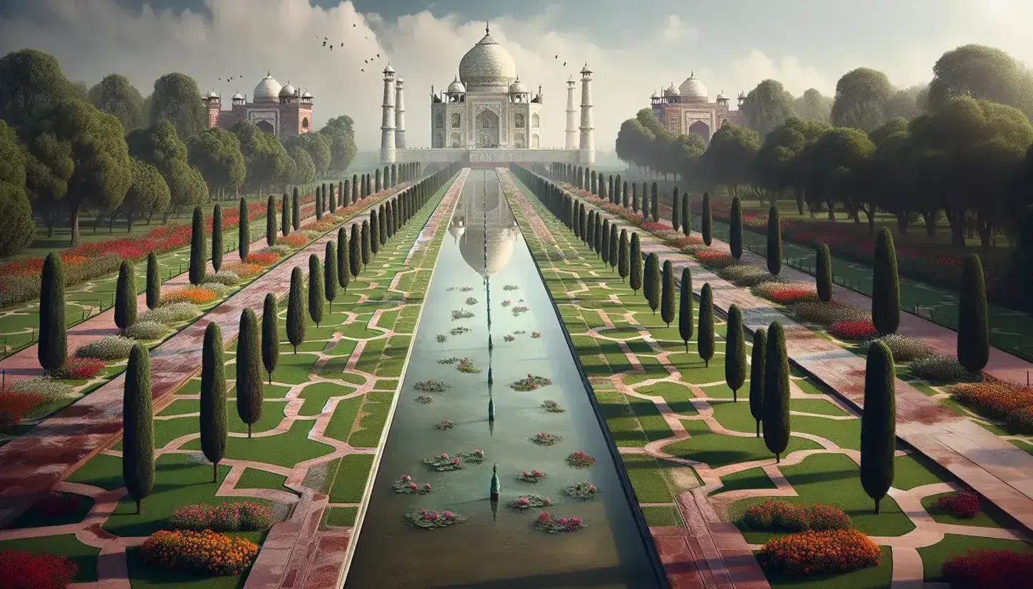 Reflective water channel with manicured lawns and cypress trees leading to the Taj Mahal's white marble façade under a clear blue sky.