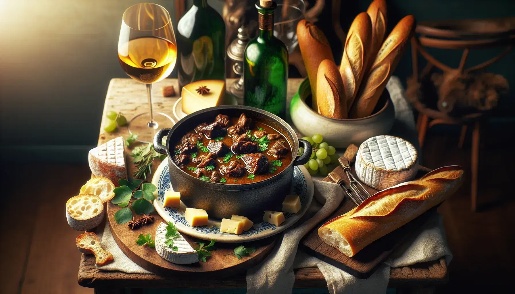 Mesa rústica con guiso de carne en olla de hierro, selección de quesos franceses en plato de cerámica, baguette dorada en tabla de cortar, botella de vino y copas al fondo.