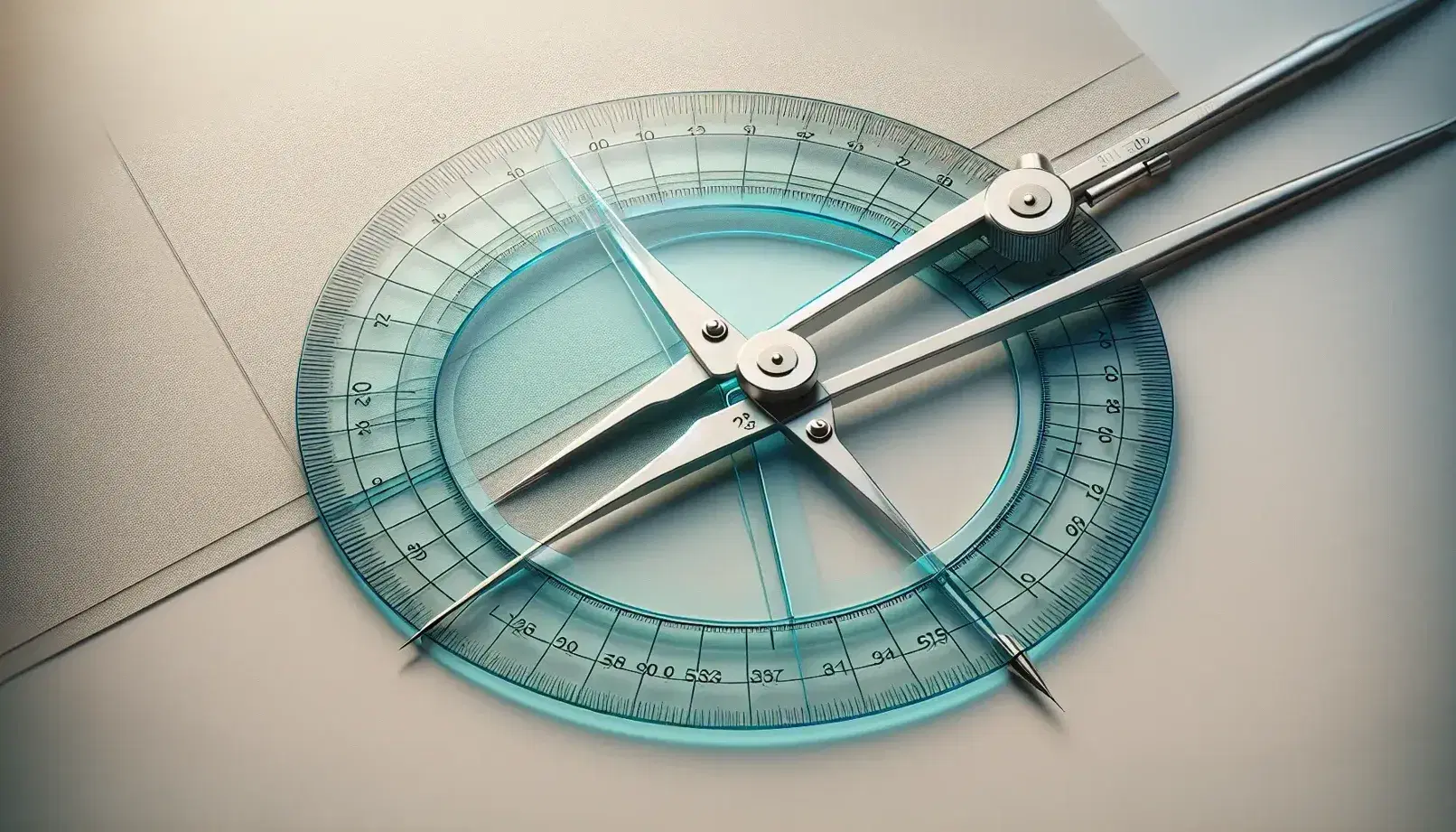Transparent blue protractor with raised degree notches and compasses on top, alongside a folded green right triangle on a light background.